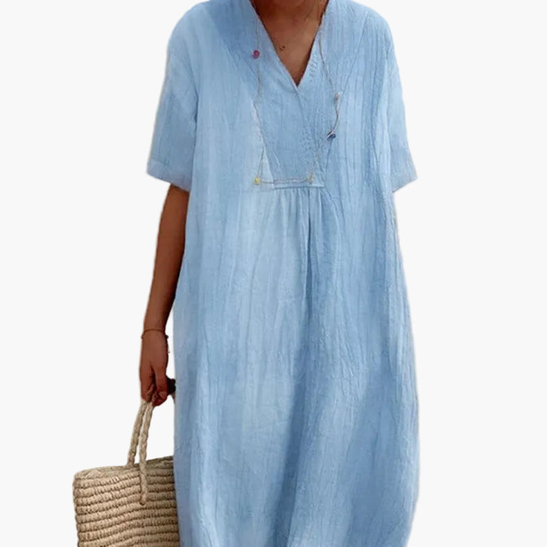 Elegantes, lockeres Damen Sommerkleid mit V-Ausschnitt für Alltag & Urlaub. Leichtes Freizeitkleid.
