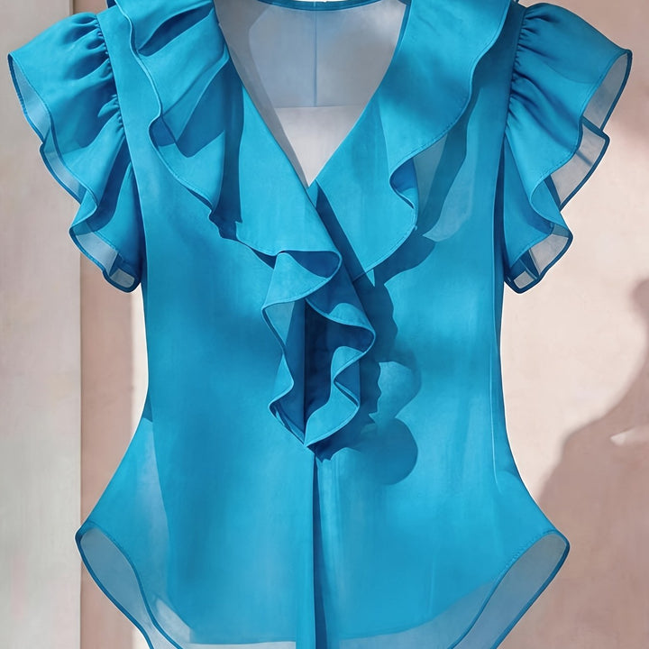 Feminine Bluse mit V-Ausschnitt, Rüschen & Volantärmeln. Unterstreicht Ihre Figur.