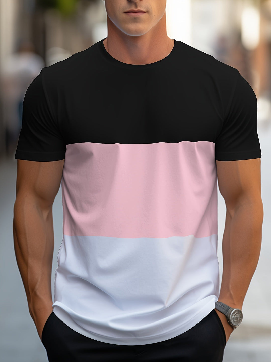 Komfortables Colorblock Herren T-Shirt, modernes Streetwear Outfit, kurzärmelig.