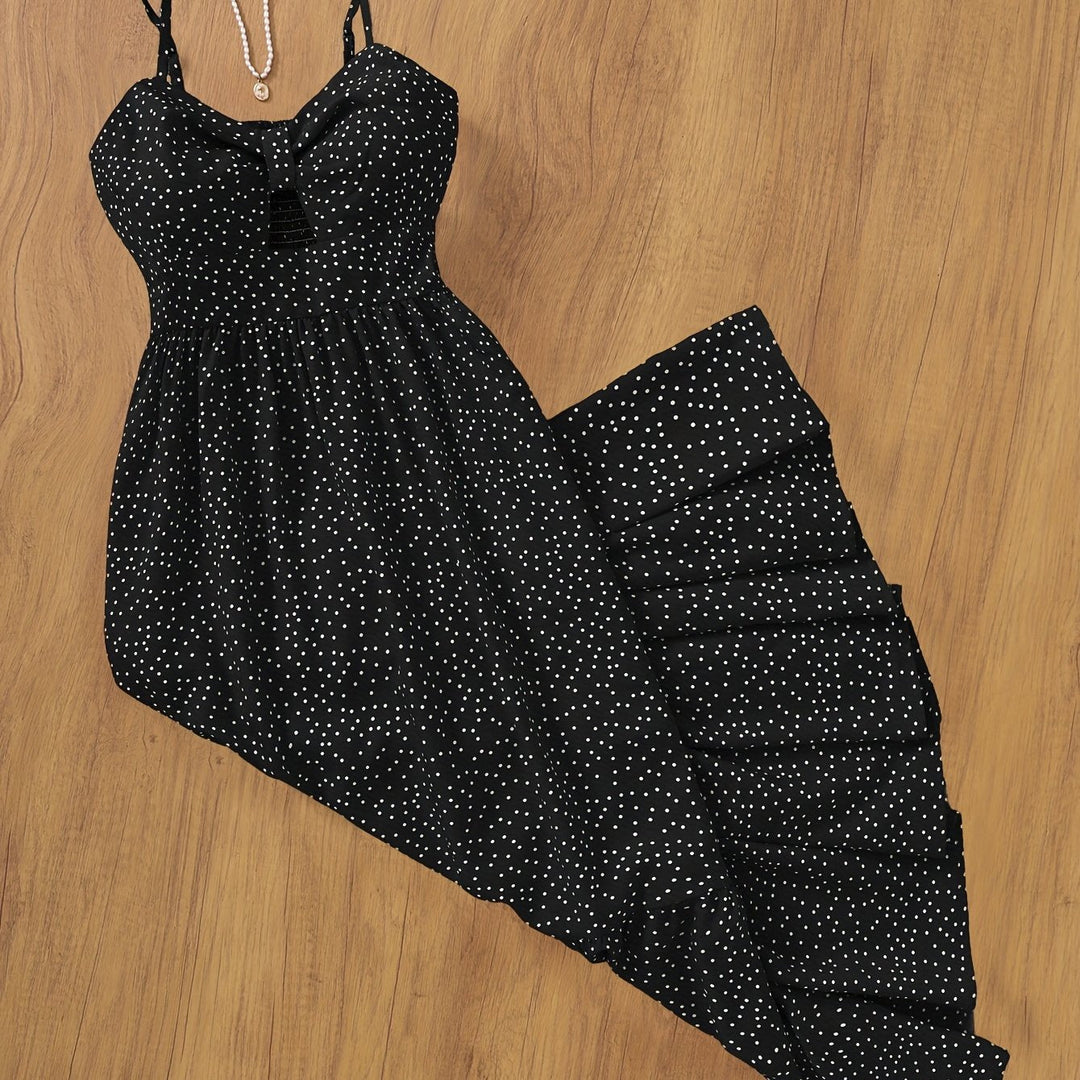 Elegantes Vintage Damen Maxikleid mit Punkten und Volants, lange Form, für Partys.
