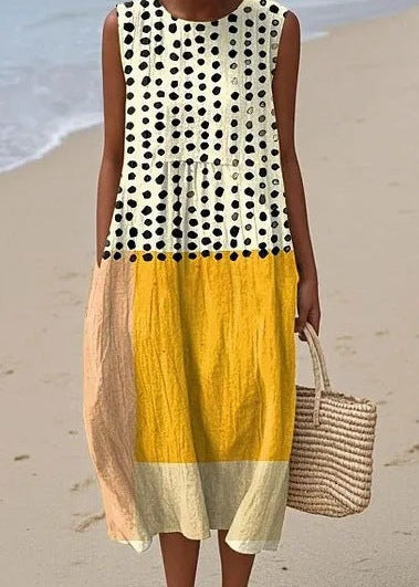 Modisches, bequemes langes Damenkleid mit buntem Patchwork-Muster, perfekt für den Alltag und heiße Sommertage.
