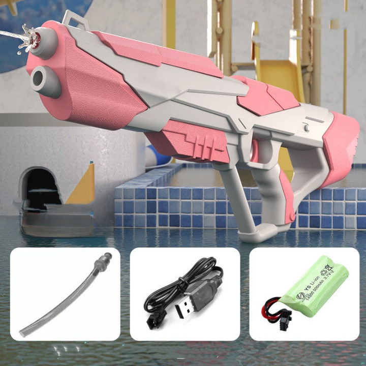 Praktische rosa Wasserpistole mit USB-Ladefunktion, ideal für lange Sommertage im Freien.
