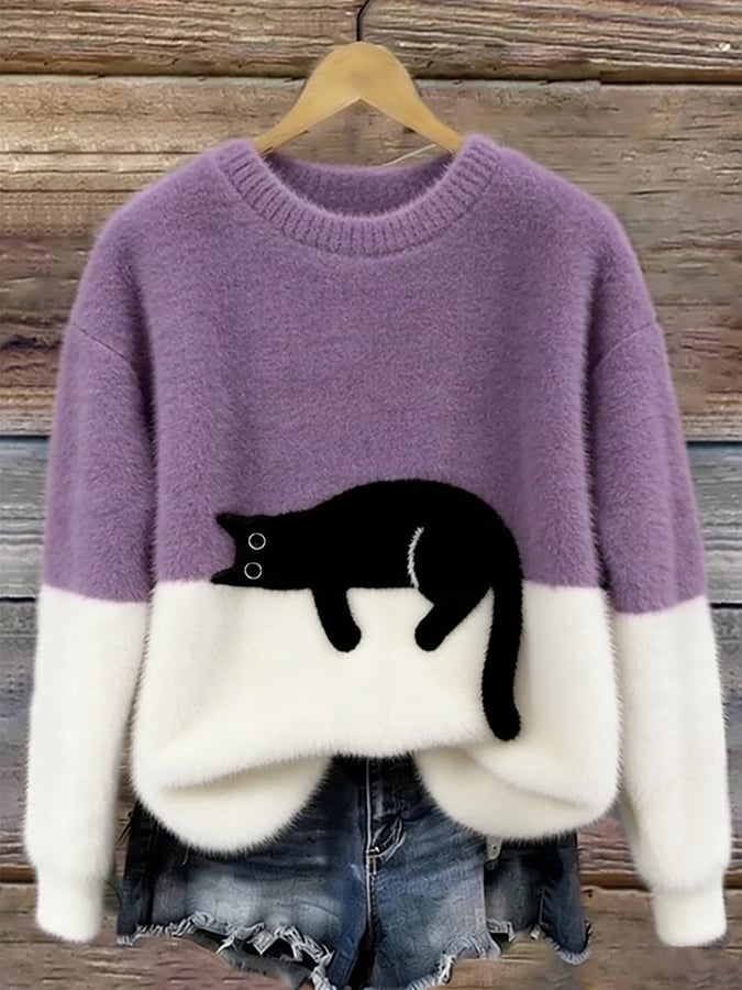 Einzigartiger Damen Oversized Pullover mit bezauberndem Katzenmotiv, modisch und angenehm zu tragen.