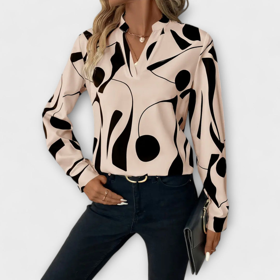 Damen Bluse mit elegantem geometrischem Muster, V-Ausschnitt & Langarm; stilvolles Oberteil für Büro & Freizeit.