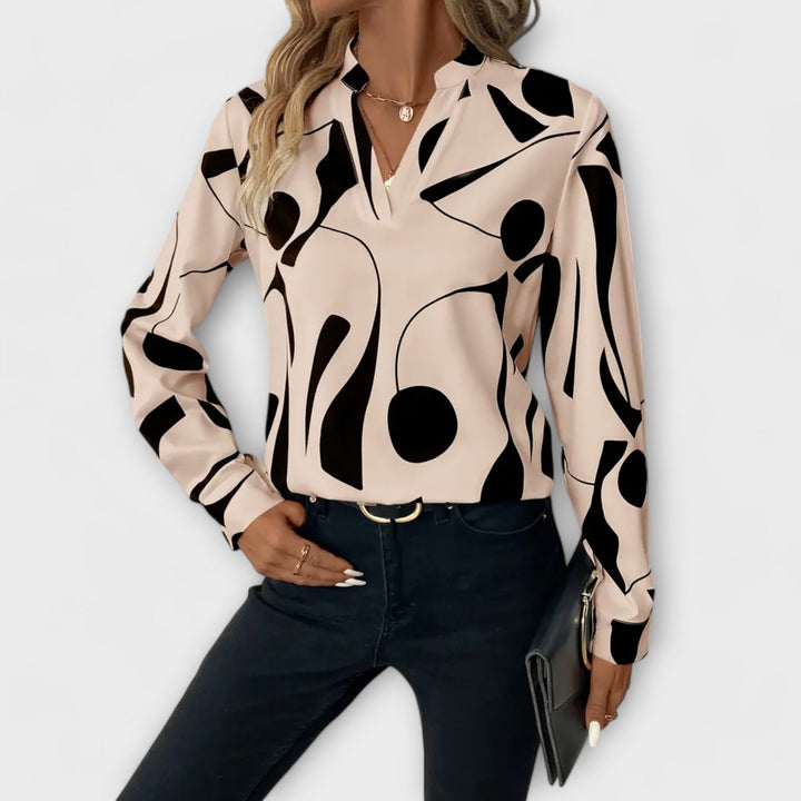 Damen Bluse mit elegantem geometrischem Muster, V-Ausschnitt & Langarm; stilvolles Oberteil für Büro & Freizeit.