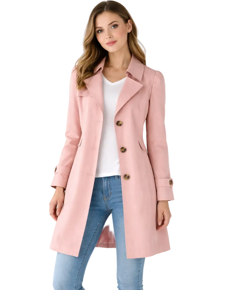 Stilvoller Damen Trenchcoat mit Reverskragen. Taillierter, moderner Mantel für elegante Damenmode im Frühling & Herbst.