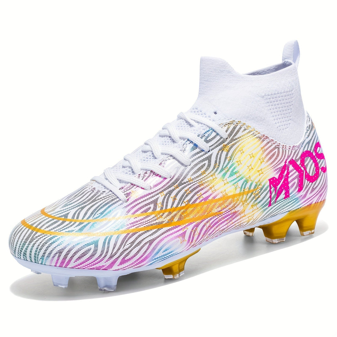 Weiße Unisex Stollenschuhe für Fußballer, bieten Komfort & Schnelligkeit bei Training und Spiel.