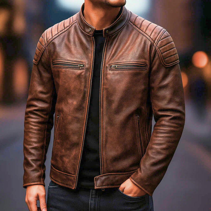 Schwarze Herren Lederjacke, vielseitige Übergangsjacke im markanten Casual-Stil.