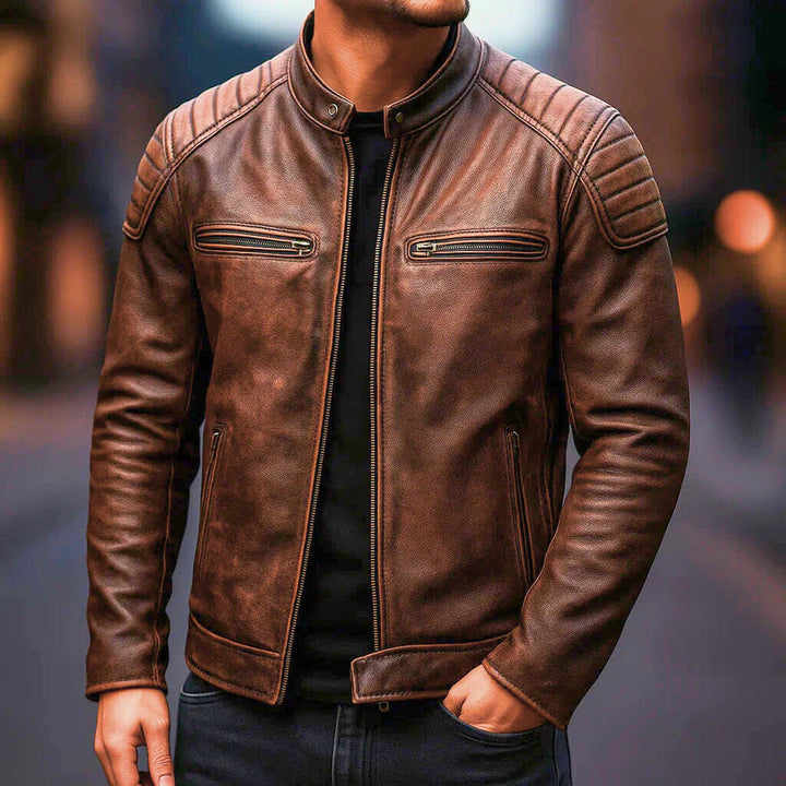 Schwarze Herren Lederjacke, vielseitige Übergangsjacke im markanten Casual-Stil.