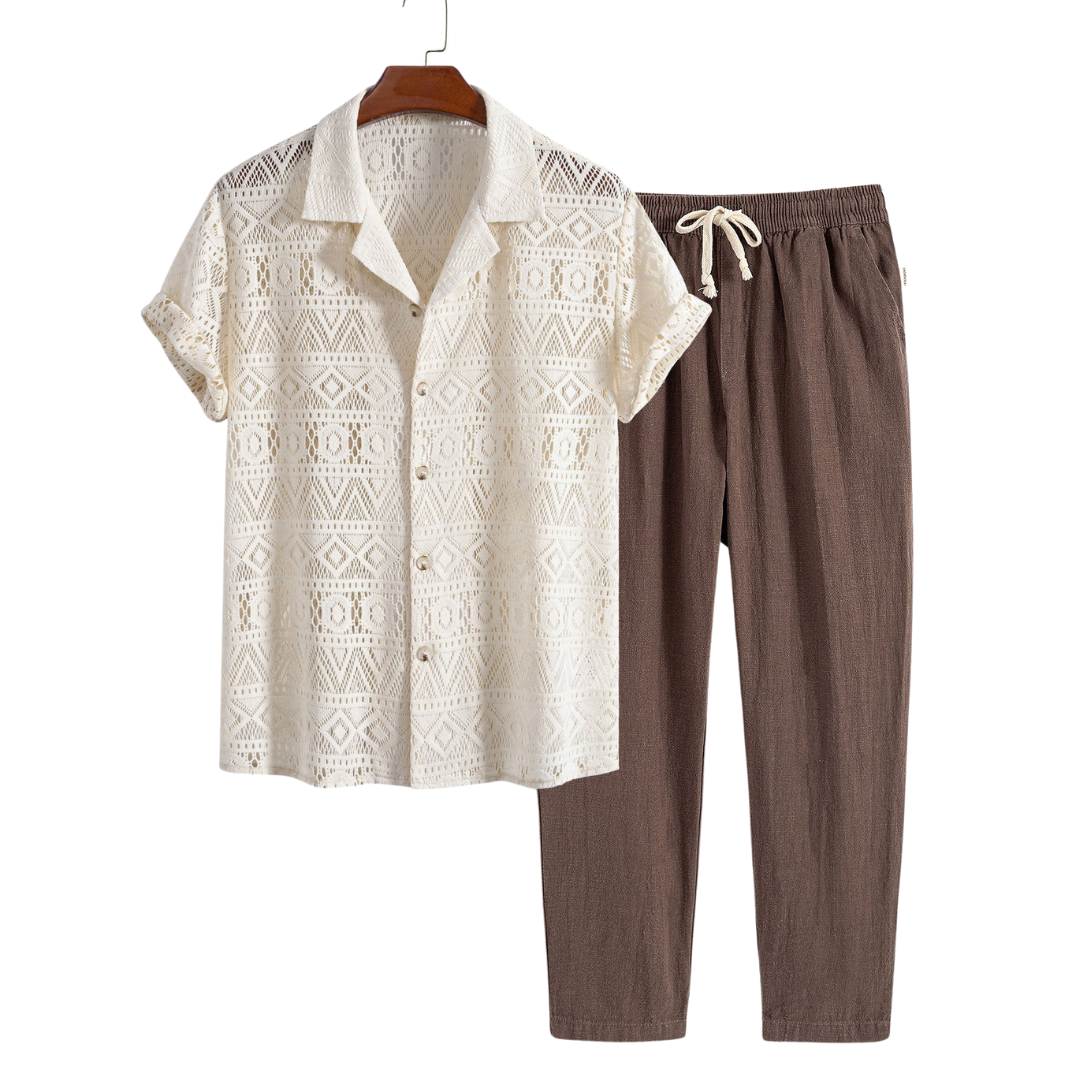 Herren Sommer Zweiteiler Set: lockeres, atmungsaktives Freizeit Hemd & Hose für Urlaub & Strand.