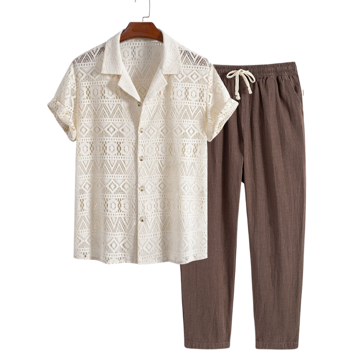 Herren Sommer Zweiteiler Set: lockeres, atmungsaktives Freizeit Hemd & Hose für Urlaub & Strand.