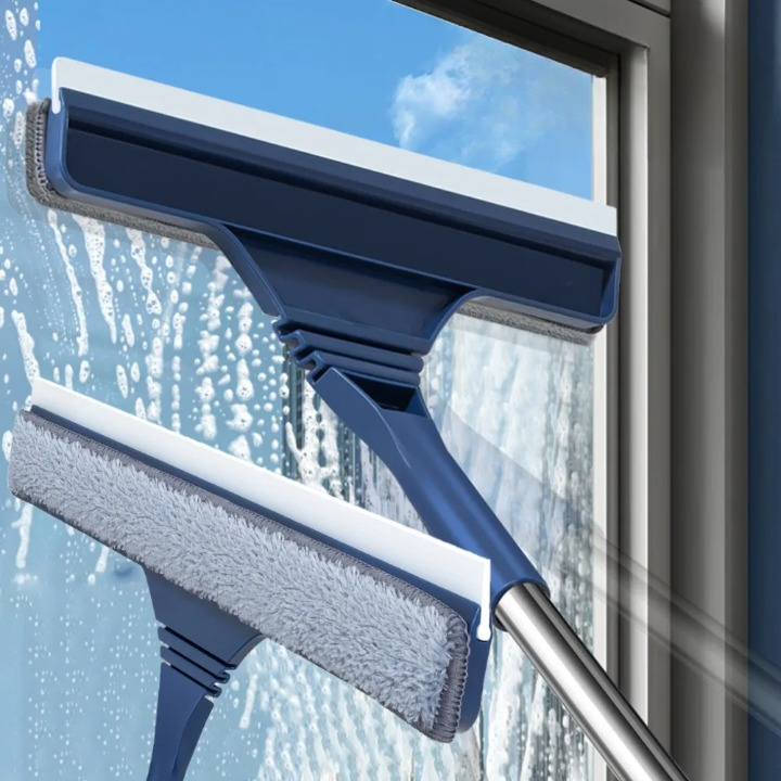 Teleskop Fensterreiniger 2-in-1 mit Abzieher & Mikrofasertuch für streifenfreie Glasreinigung im Haushalt.