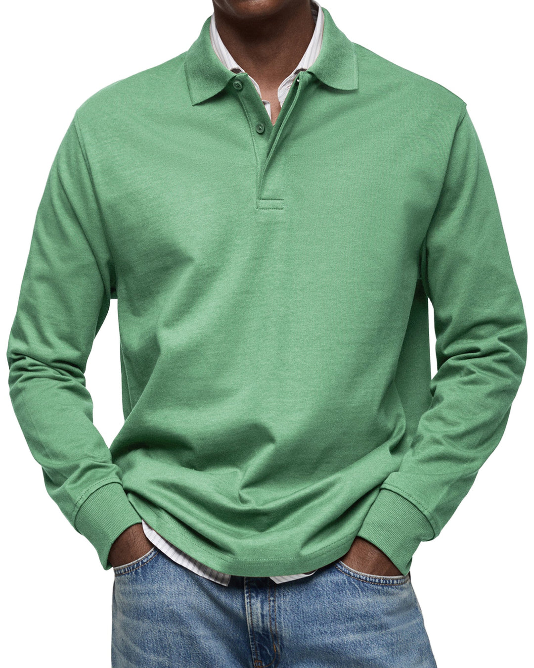 Detailaufnahme: Kragen und Knopfleiste des eleganten Herren Langarm-Poloshirts. Hochwertige Verarbeitung.