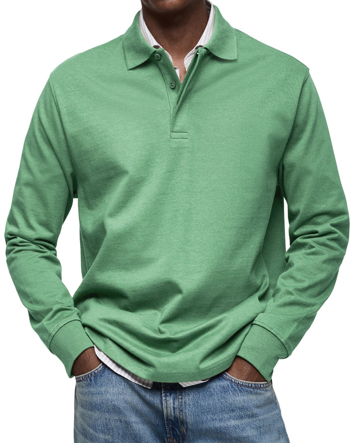 Detailaufnahme: Kragen und Knopfleiste des eleganten Herren Langarm-Poloshirts. Hochwertige Verarbeitung.