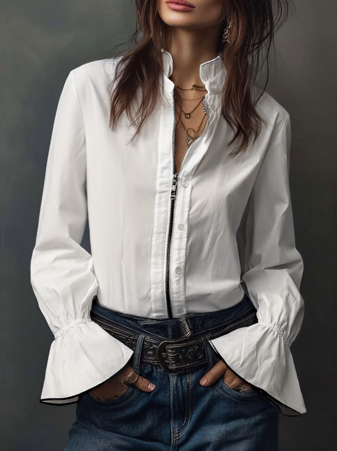 Elegante Damen-Reißverschlussbluse in Schwarz. Fokus auf den flexiblen Ausschnitt & die stilvollen Volantmanschetten.