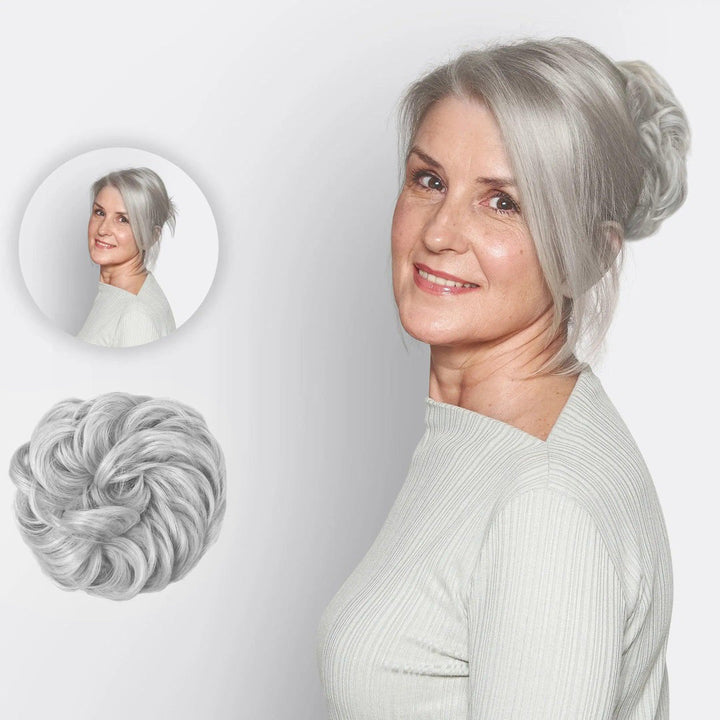 Voluminöser Damen-Dutt mit dem Kunsthaar Scrunchie Haarteil, einfach und stilvoll.