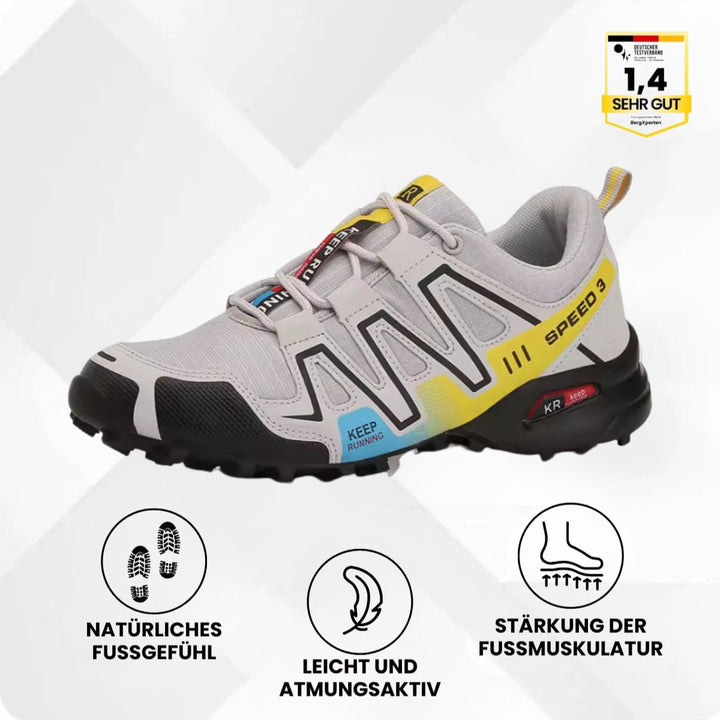 Profilaufnahme der Herren Geländeschuhe, zeigt die tiefe, rutschfeste Sohle für maximale Traktion.