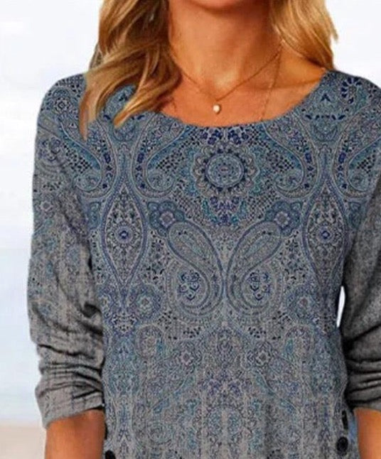 Modische Langarm Tunikabluse für Damen, mit stilvollem Print und Rundhalsausschnitt, ideal für Freizeit.