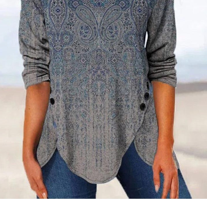Elegantes Damen Langarm Oberteil in Blau-Grau mit feinem Printmuster, bequeme Tunikabluse für den Alltag.