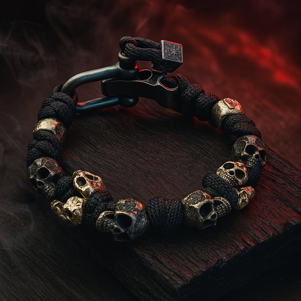 Grünes Herren-Skull-Armband, verstellbar und robust. Ein markantes Statement-Schmuckstück für den Gothic-Stil.