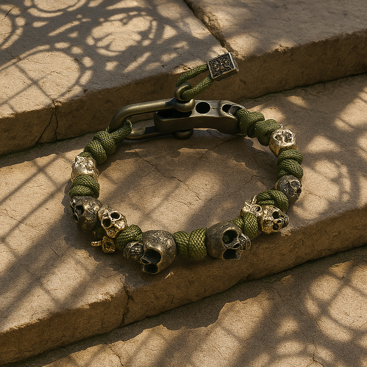 Verstellbares Herren-Skull-Armband in Schwarz, robust. Ein ausdrucksstarkes Gothic-Statement-Accessoire für Männer.