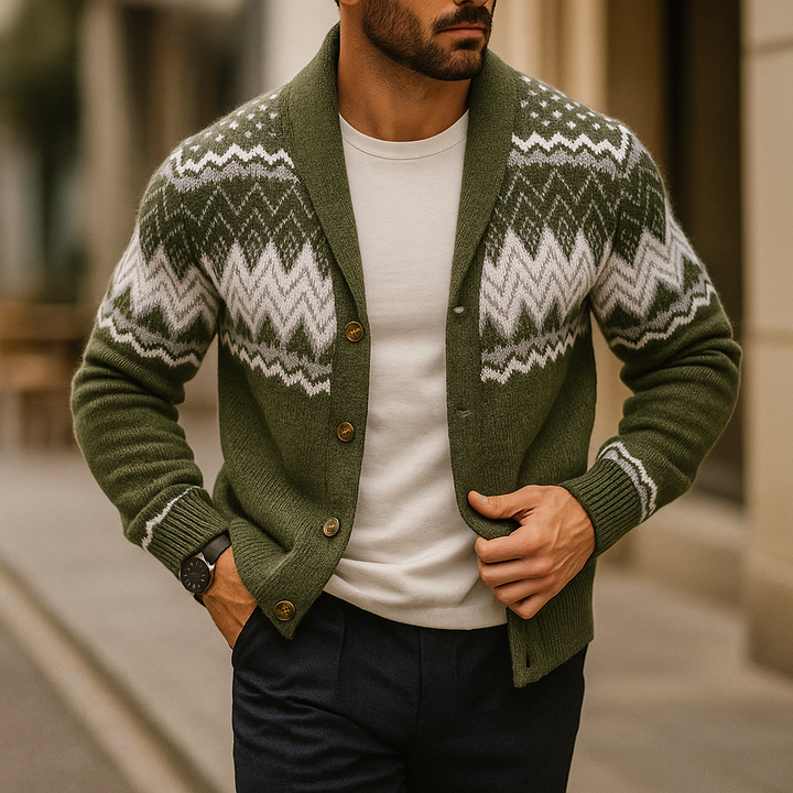 Komfortable Herren Strickjacke mit Schalkragen, ideal für einen eleganten Lagenlook im Herbst & Winter.