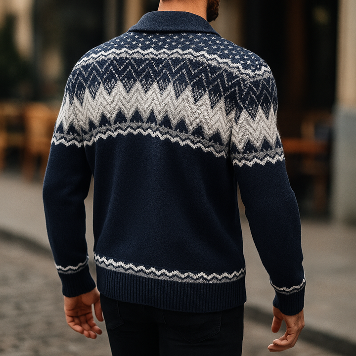 Herren Strickjacke: Schalkragen & Knopfleiste im Detail. Hochwertiger Musterstrick für stilvolle Herrenmode.