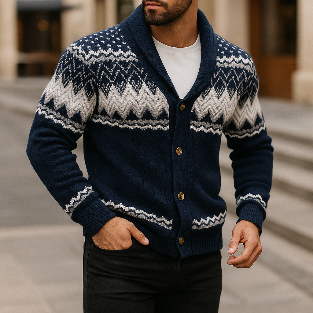 Lässige Herren Strickjacke mit Schalkragen & Musterstrick, perfekt als warme Übergangsjacke für Männer.