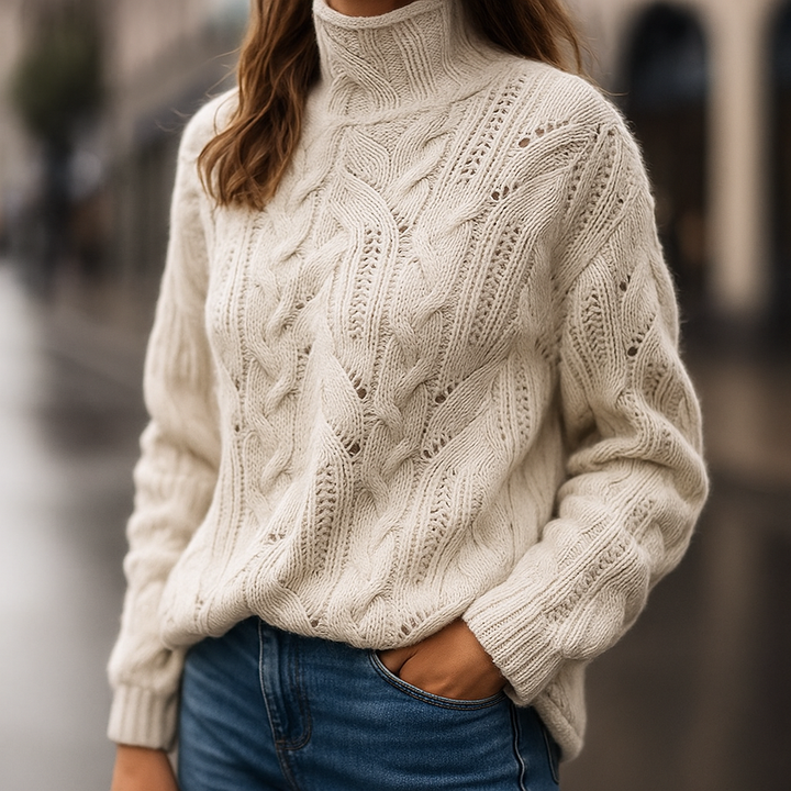 Blauer, gemusterter Langarm-Strickpullover für Damen. Bequeme Herbstmode mit Rundhals und Struktur.