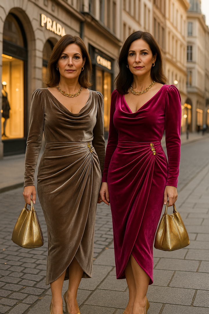 Rosa Damen Langarm-Midikleid mit figurbetonter Passform, Samt-Optik und edlem Wasserfallausschnitt.