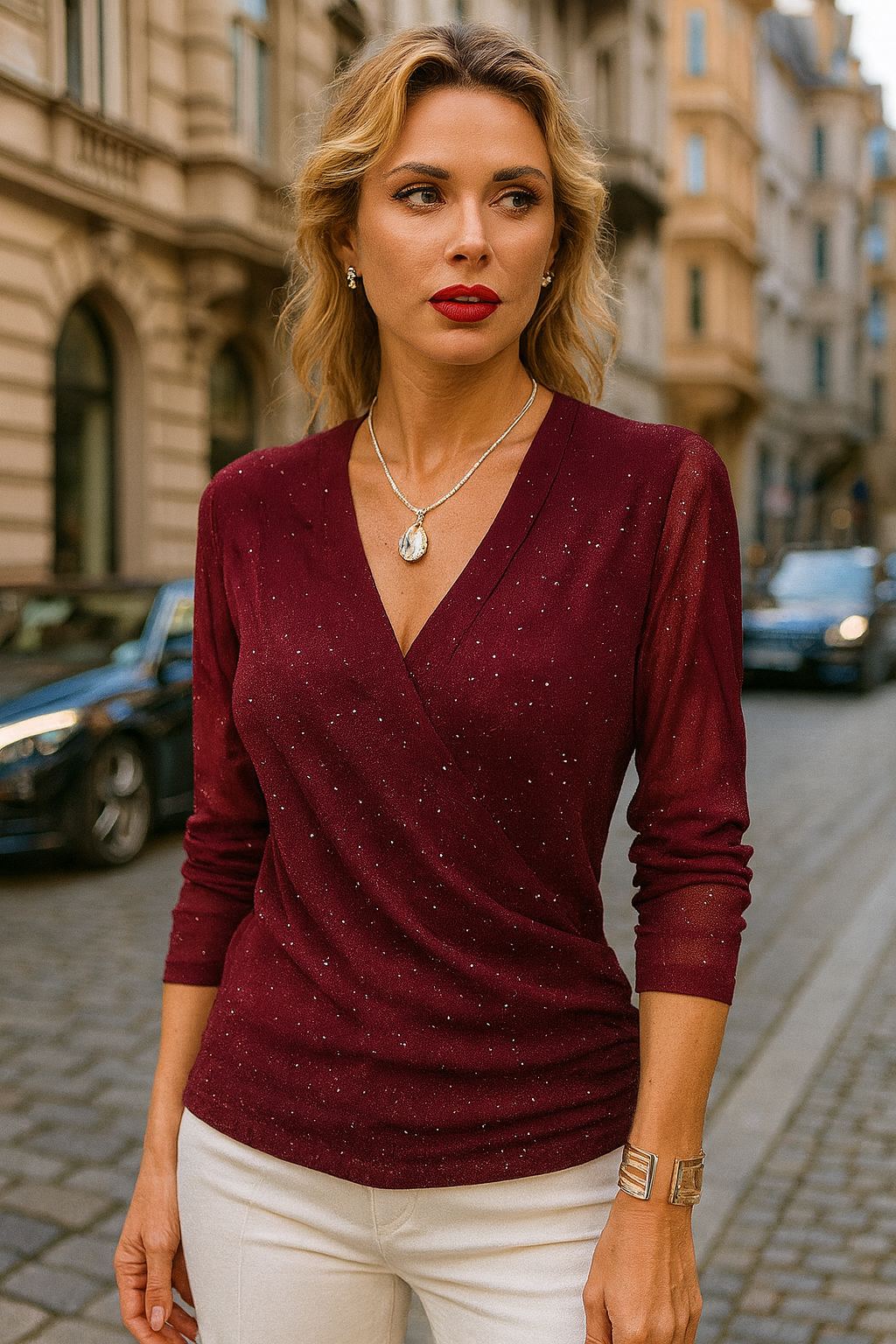 Schickes Damen-Oberteil mit V-Ausschnitt & transparenten Ärmeln, ideal für Business & Abendmode.