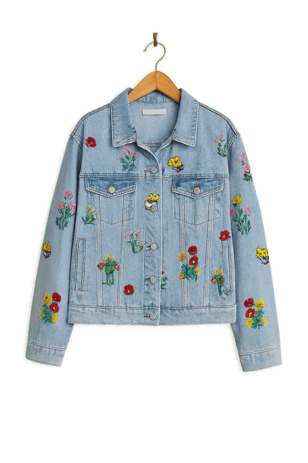 Blaue Damen Jeansjacke im Oversize-Look mit eleganter Blumenstickerei. Perfekte Casual Übergangsjacke für jeden Tag.