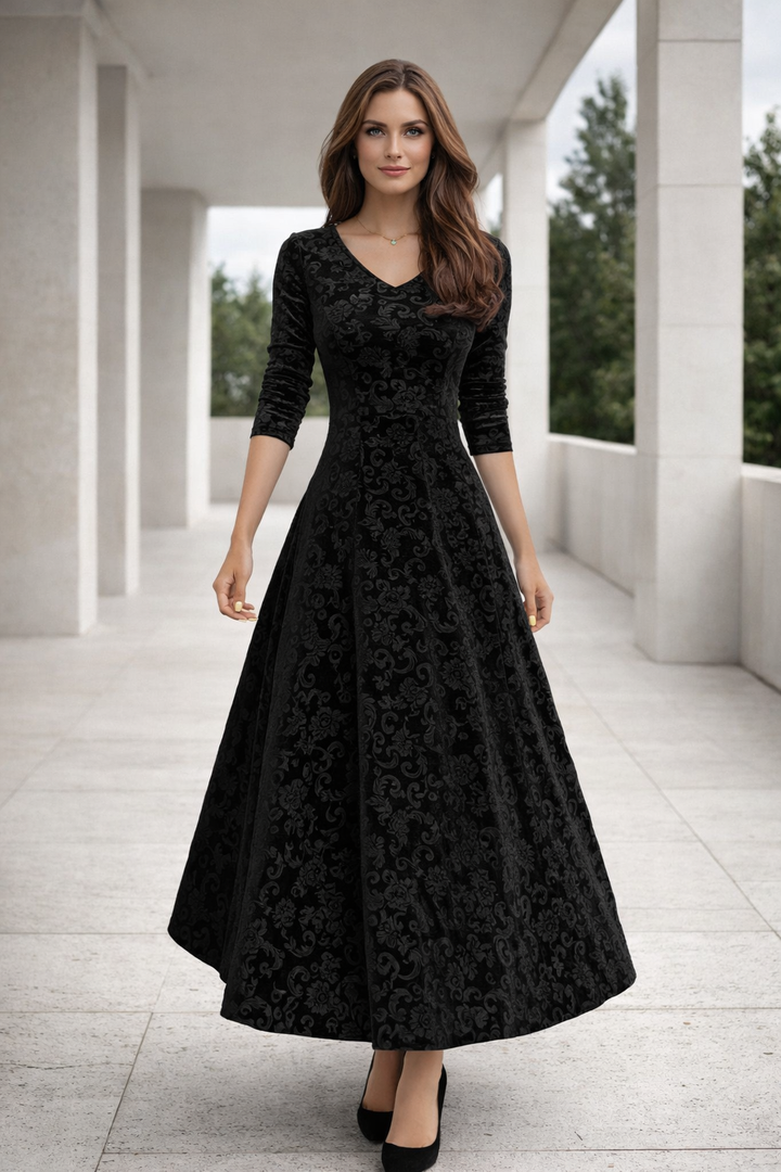 Damen V-Ausschnitt Kleid, elegant tailliert, perfekt für stilvolle Auftritte.