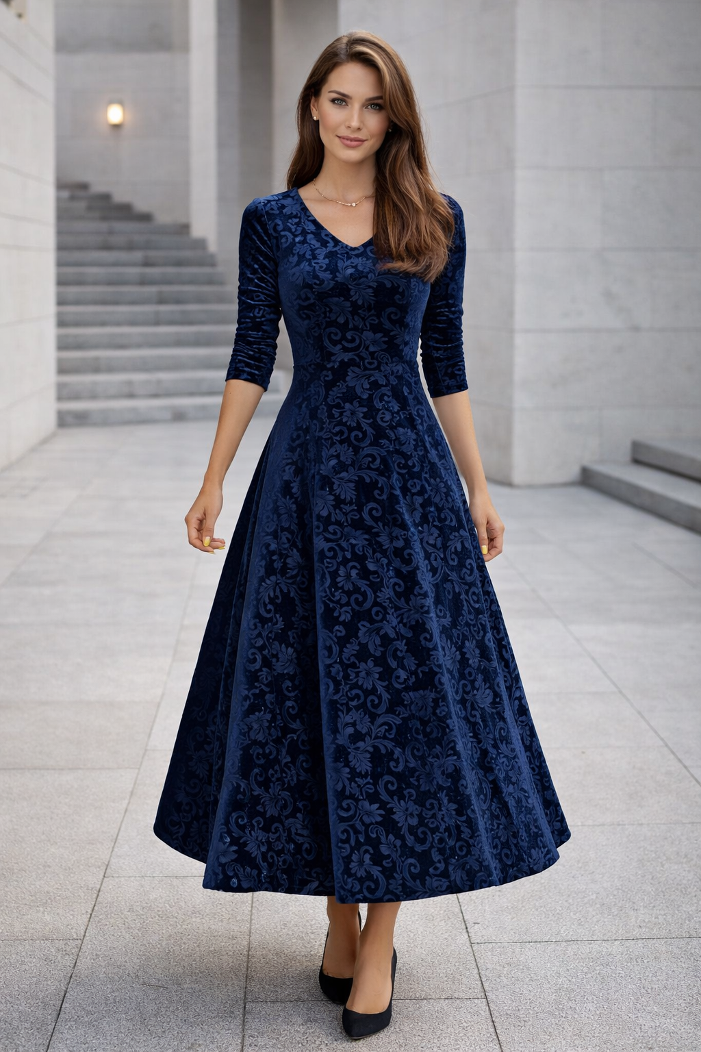 Modernes Damenkleid mit V-Ausschnitt, elegant tailliert, für jeden stilvollen Anlass.
