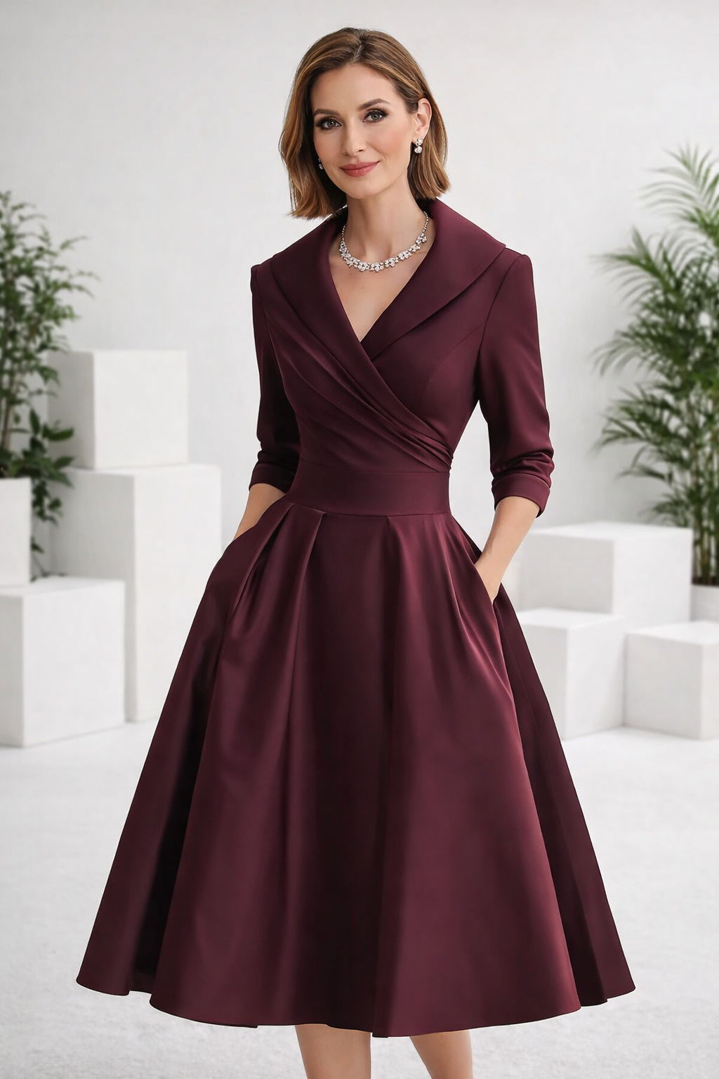Detailansicht: Schalkragen und 3/4 Ärmel des eleganten Damen Midi A-Linien-Kleides, figurbetont.