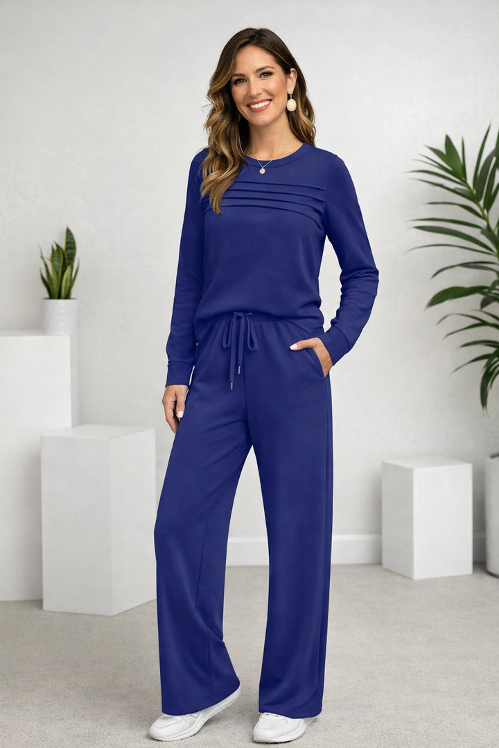 Modisches Damen Loungewear Set: Rundhals-Pullover und Kordelzug-Hose in Casual-Mode für Damen.