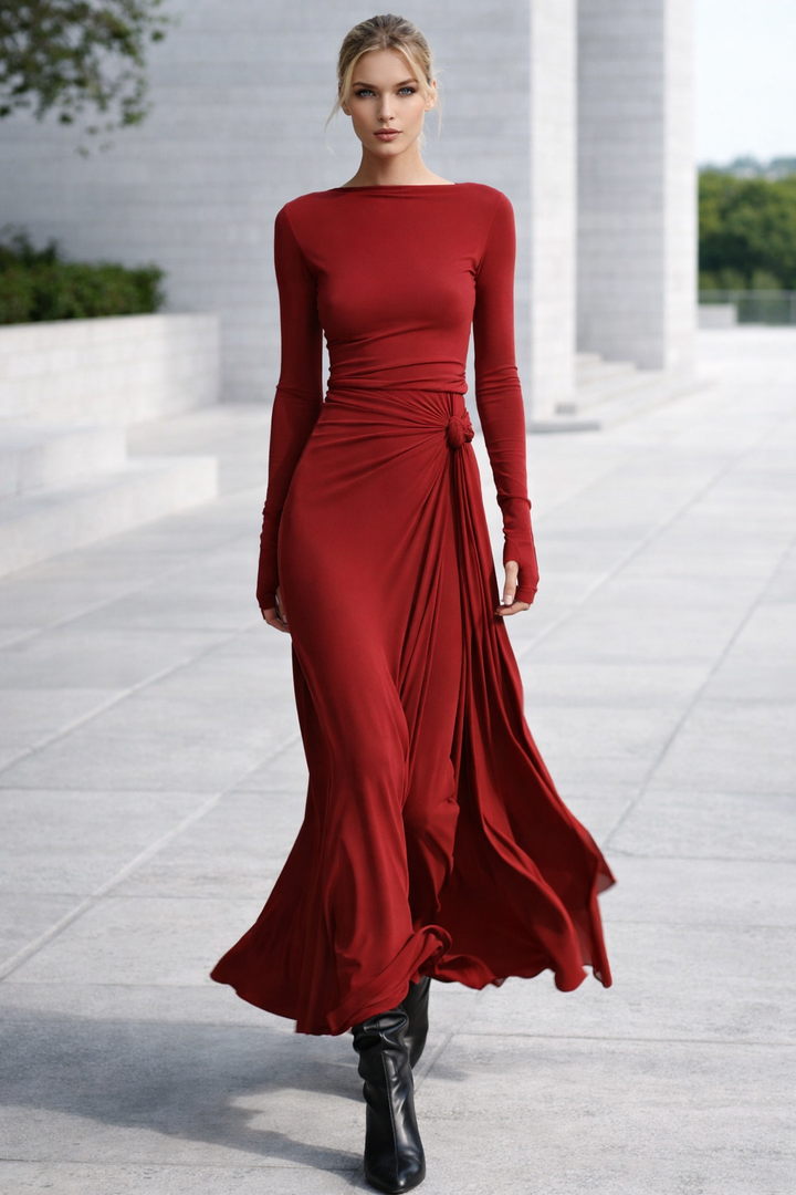 Figurbetontes Langarm Maxikleid für Damen. Elegante Silhouette mit Seitenschlitz und Drapierung.