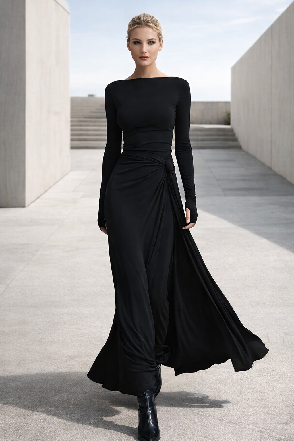 Vielseitiges, figurbetontes Damen Maxikleid mit Seitenschlitz. Elegant für Abend, bequem für Freizeit.