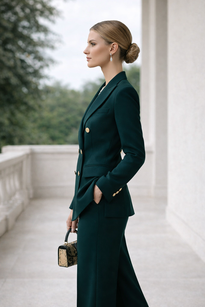 Modischer Damenanzug Zweiteiler: Eleganter Blazer und bequeme Hose. Ideal für Business & formelle Anlässe.