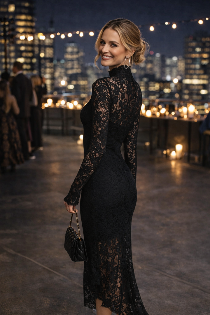 Figurbetontes schwarzes Maxikleid für Damen, mit stilvollem Fishtail-Saum. Ideal für Hochzeitsgäste & elegante Events.