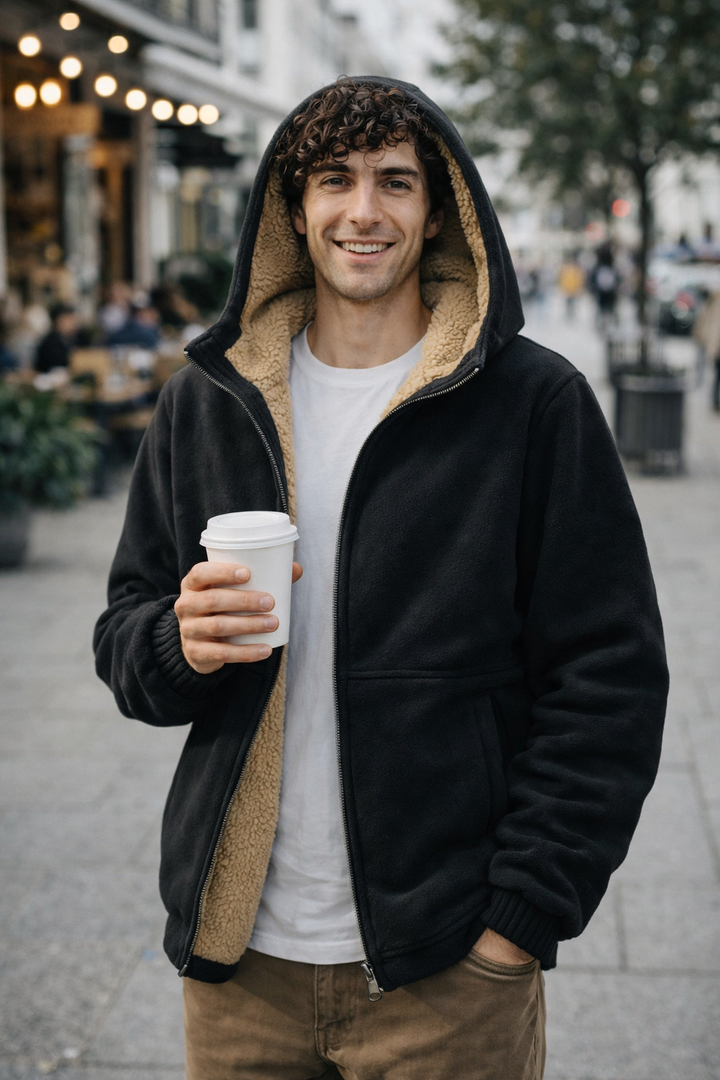 Robuste Herren Outdoor-Fleecejacke, warm, mit Kapuze, für Winter & Freizeit.