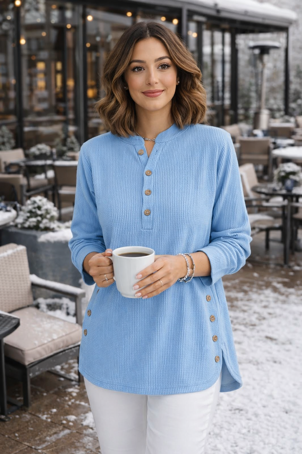 Komfortables Damen Henley Langarm-Oberteil in stilvollem Design mit Knopfleiste für Frühling & Herbst.