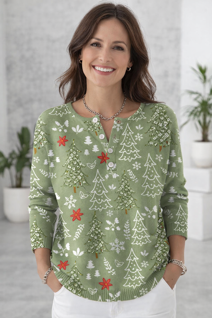 Lockere Damen Weihnachtsbluse mit Tannenbaum-Muster. Festliches Oberteil für die Wintermode, eine gemütliche Freizeitbluse.