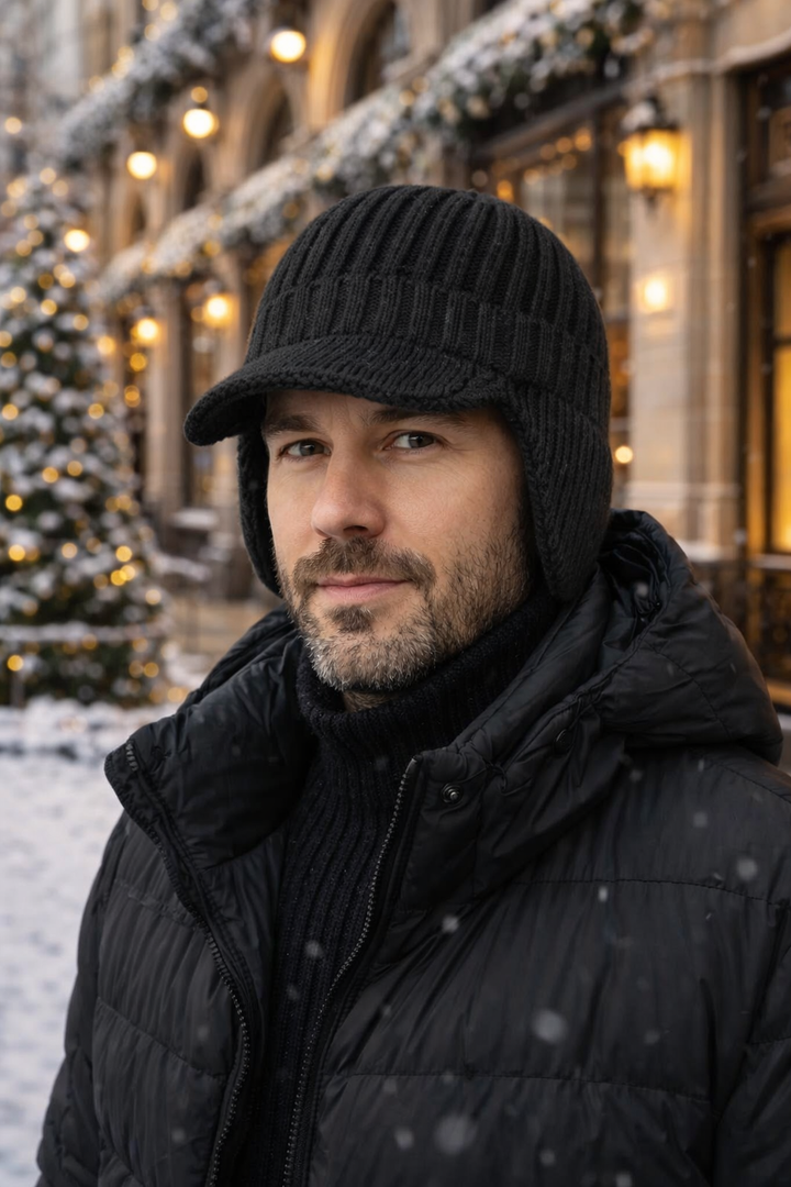 Dunkelblaue winddichte Thermomütze für Herren und Damen, perfekt für Winter-Outdoor-Aktivitäten.