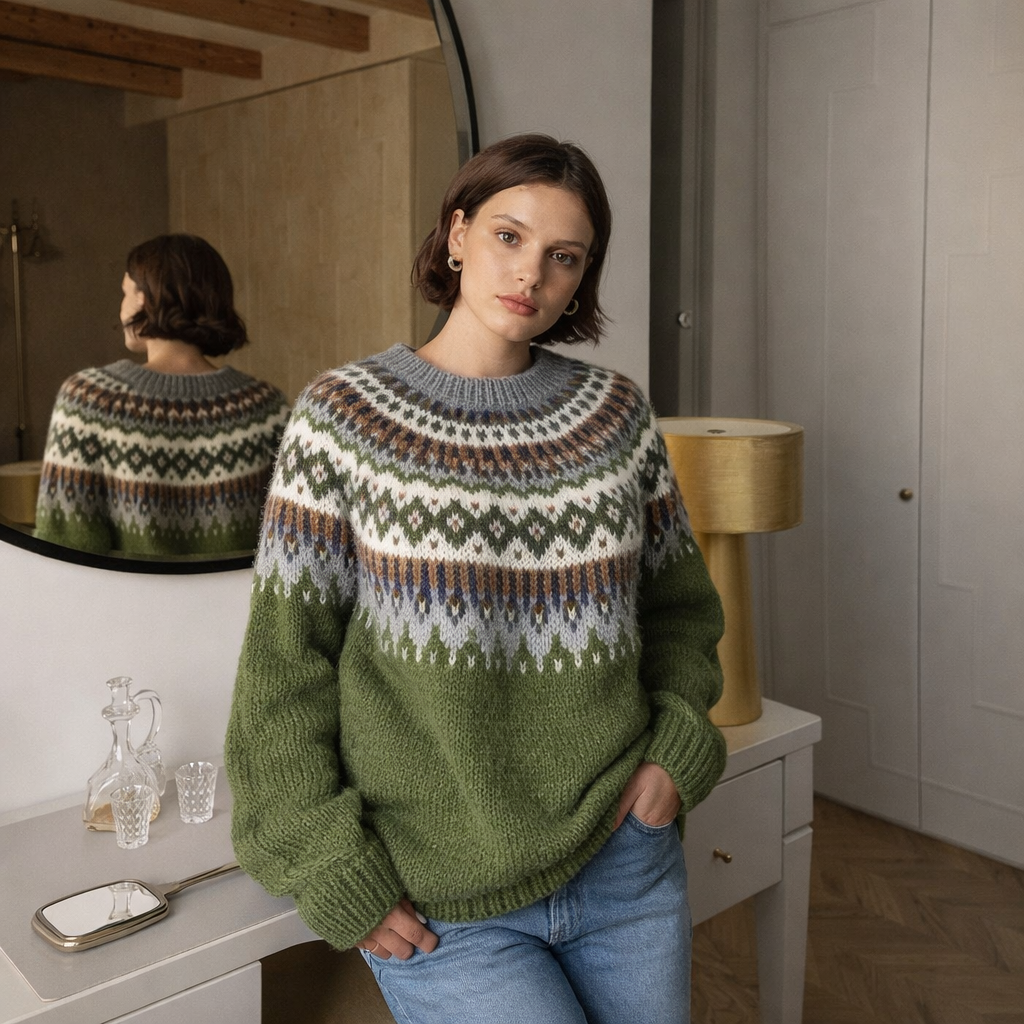 Warmer, mehrfarbiger Damen Strickpullover mit Rundhals für den Winter. Komfortabler Langarm-Pullover mit Muster für Freizeit & Alltag.