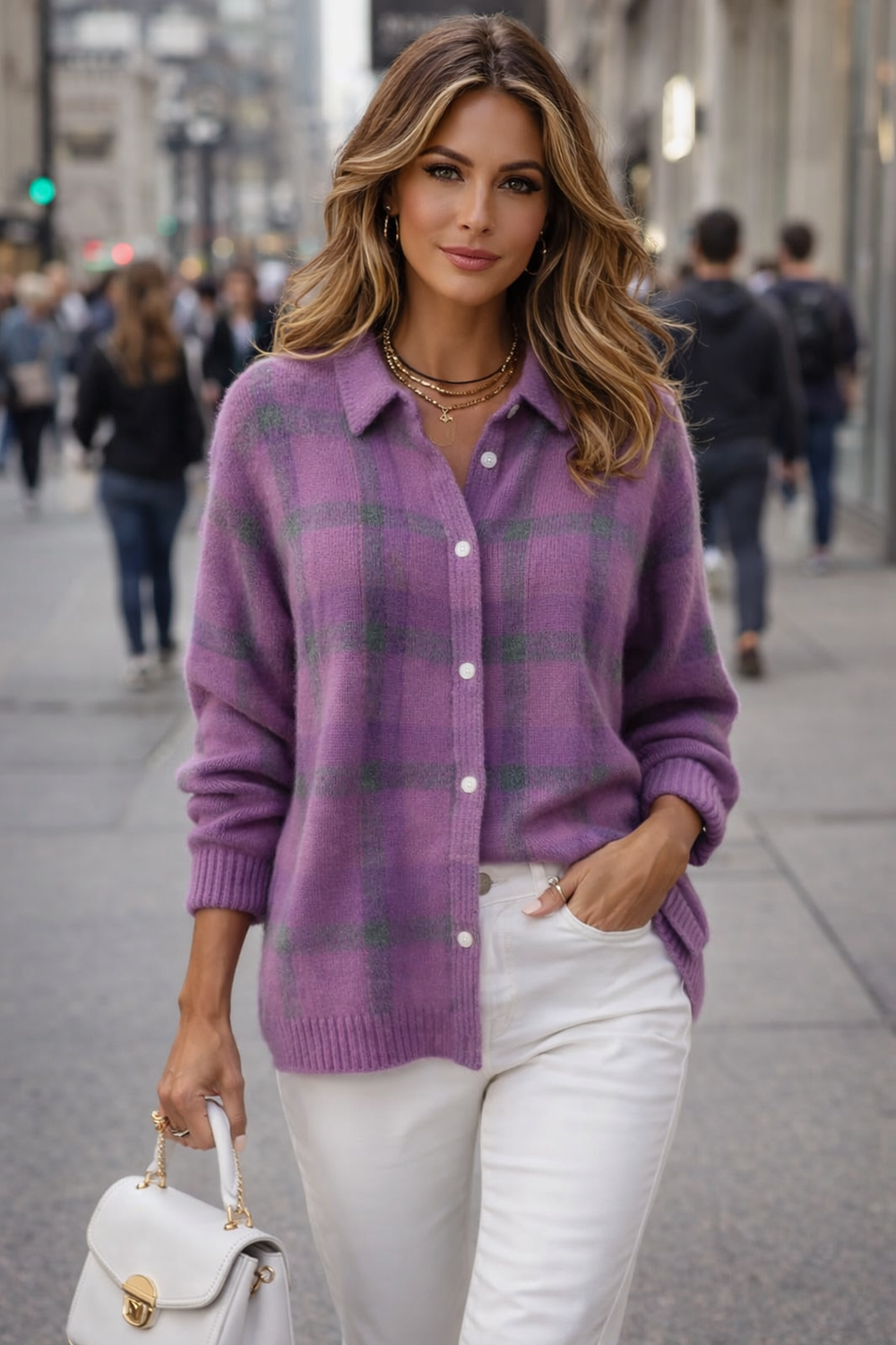 Gemütlicher Damen Strickcardigan mit rotem Karomuster, Retro-Stil, perfekt für die Freizeit.