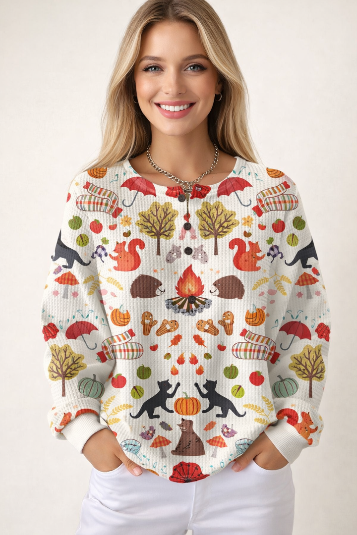 Damen Waffelstrick Pullover in Terra für Herbst & Winter. Bequemer Langarm-Pullover mit lockerer Passform für Freizeit & Alltag.