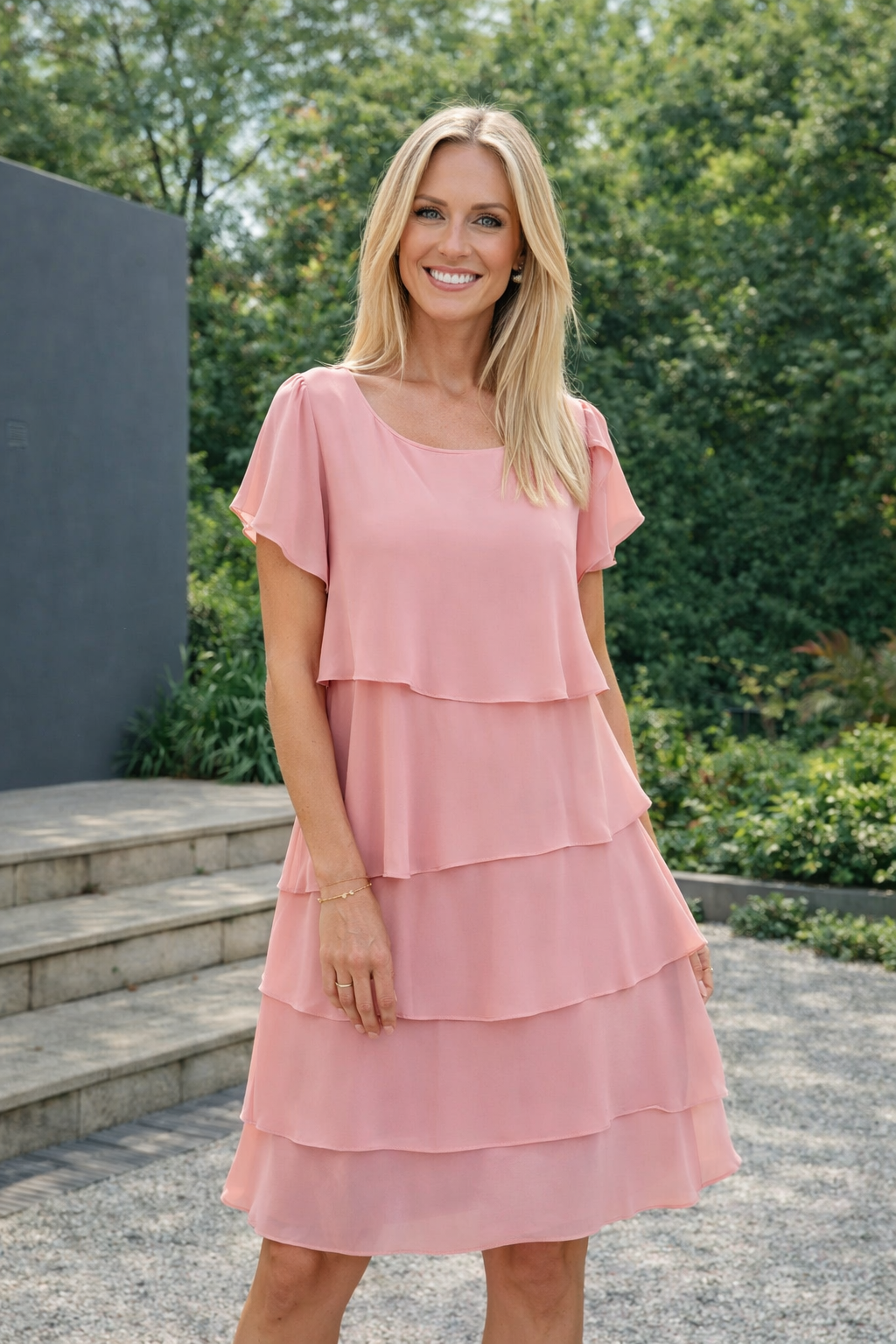 Knielanges Damen Sommerkleid in Rot mit Rüschen und lockerer Passform. Vielseitig für Freizeit und elegante Anlässe.