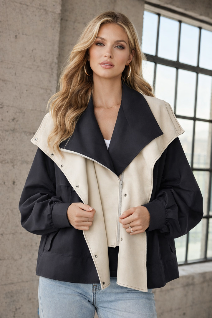 Damen Übergangsjacke mit Reißverschluss, winddicht und stilvoll, in Schwarz.