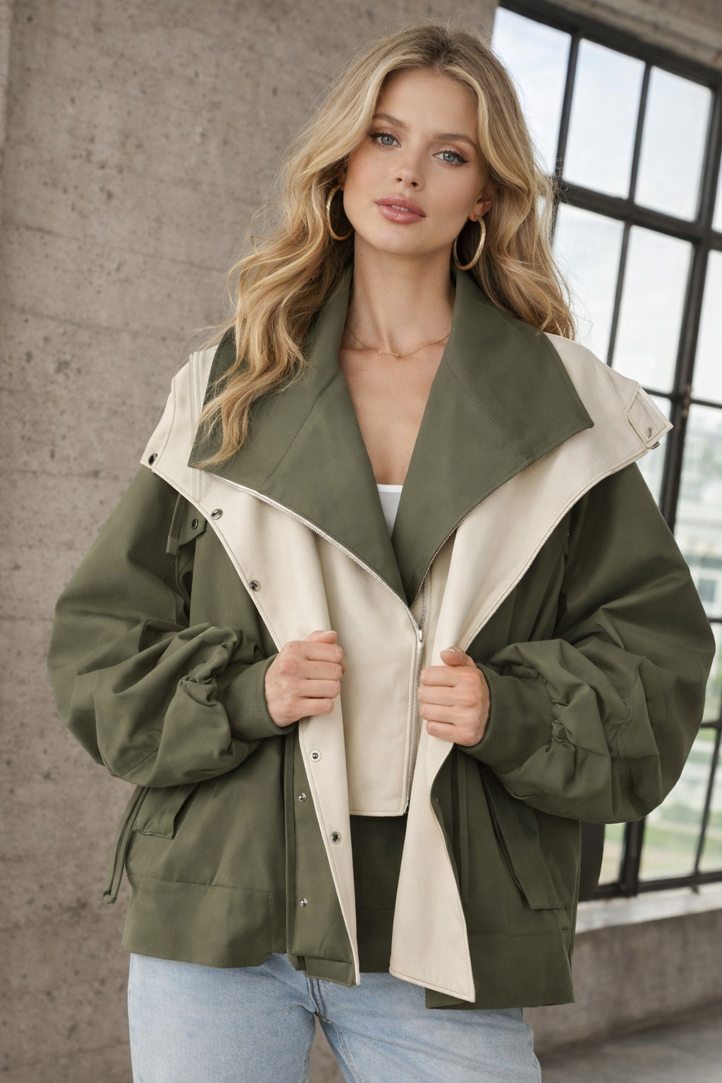 Weiße Damen Windjacke mit Reißverschluss, stilvoll und schützt vor Wind.